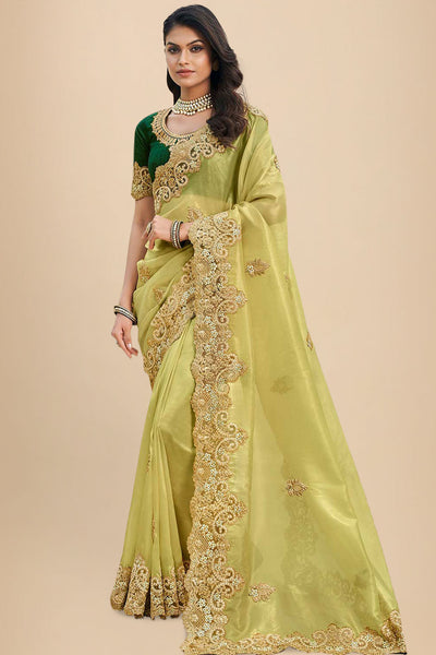 Buy Art Silk Embroidered Saree in Light Olive