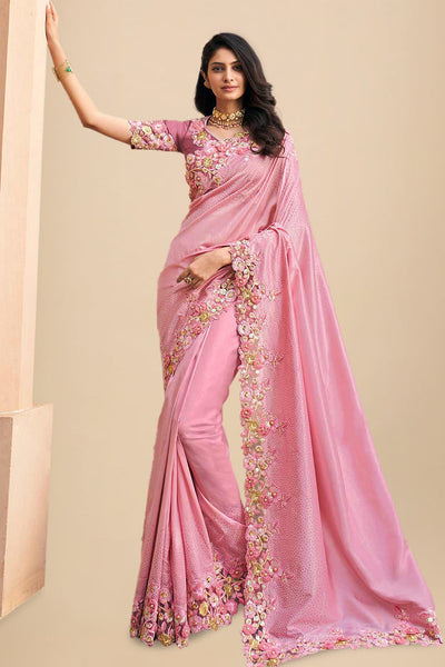 Buy Art Silk Embroidered Saree in Baby Pink