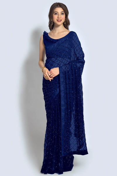 Buy Huda Blue Georgette Sequin One Minute Saree Online - One Minute Saree