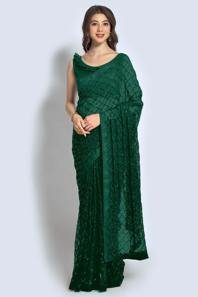 Buy Huda Green Georgette Sequin One Minute Saree Online - One Minute Saree