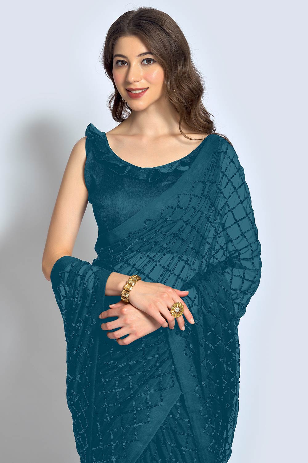 Buy Huda Teal Georgette Sequin One Minute Saree Online