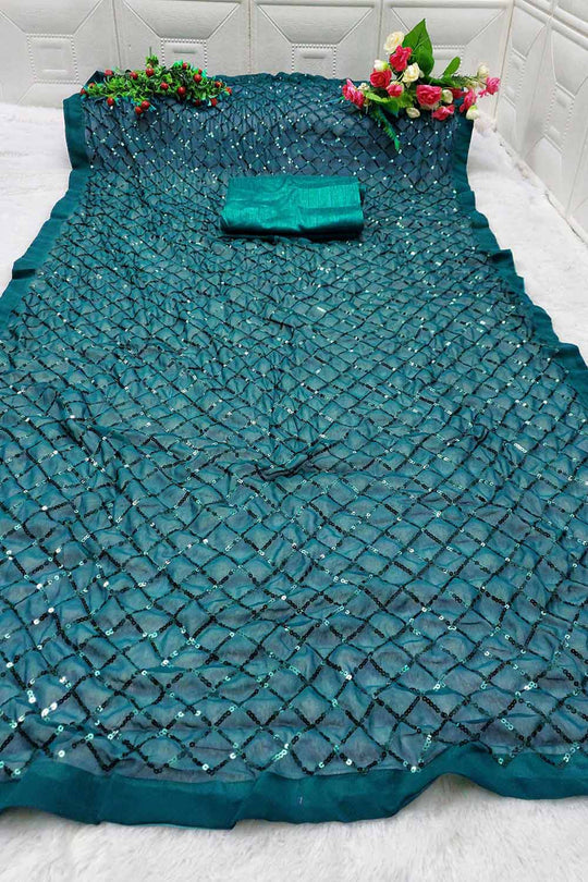 Buy Huda Teal Georgette Sequin One Minute Saree Online - Back