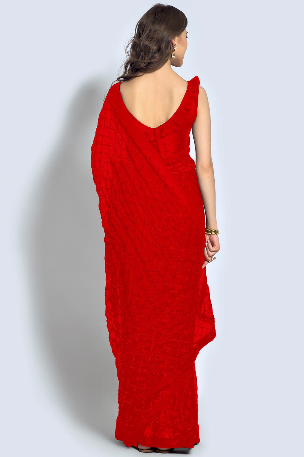 Shop Huda Red Georgette Sequin One Minute Saree at best offer at our  Store - One Minute Saree