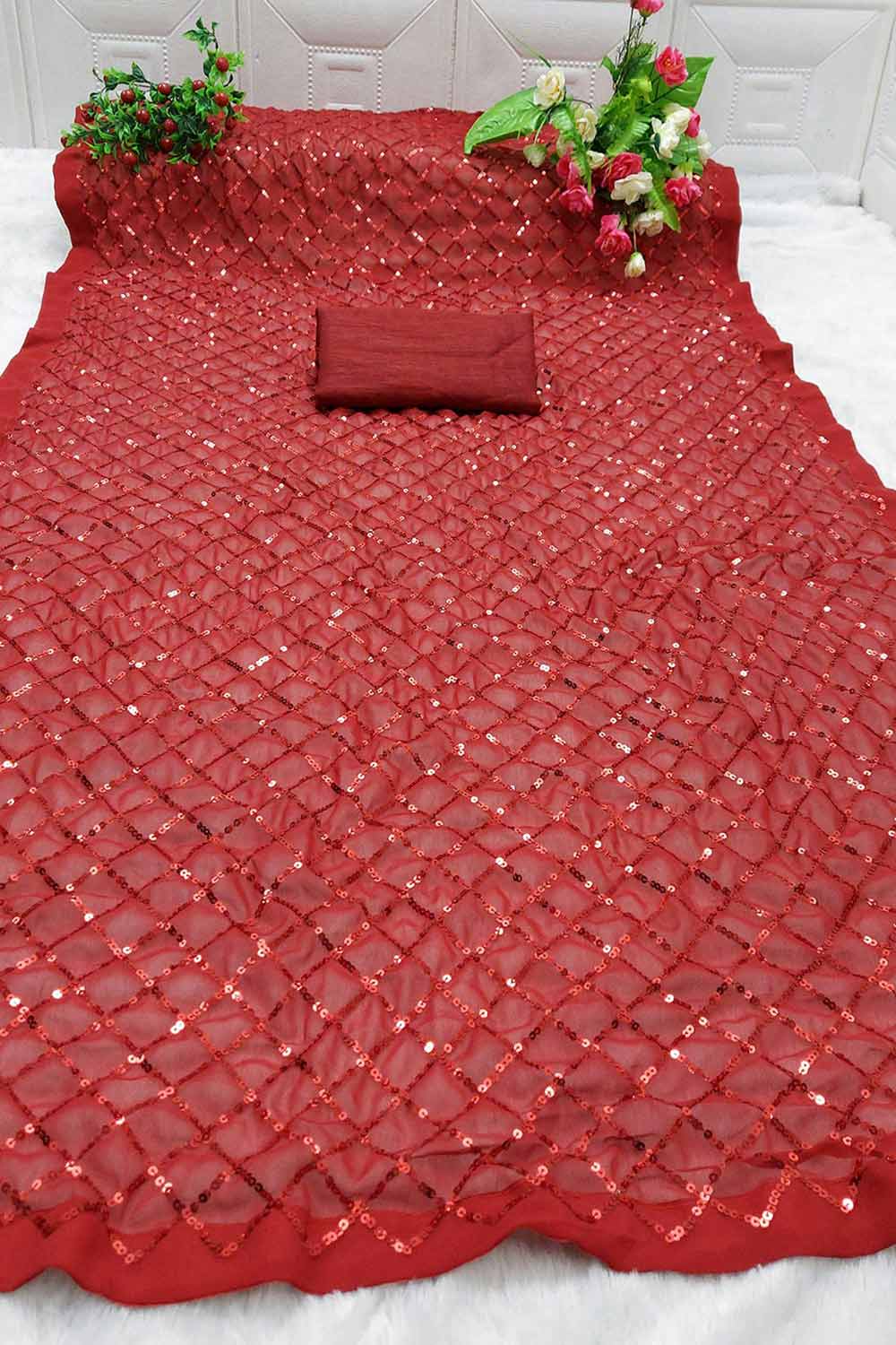 Buy Huda Red Georgette Sequin One Minute Saree Online - Back