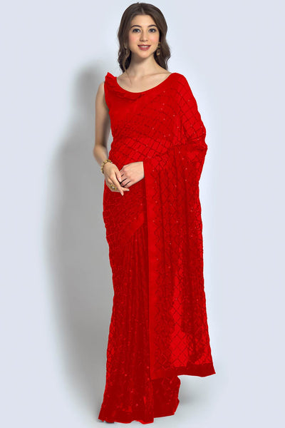 Buy Huda Red Georgette Sequin One Minute Saree Online - One Minute Saree