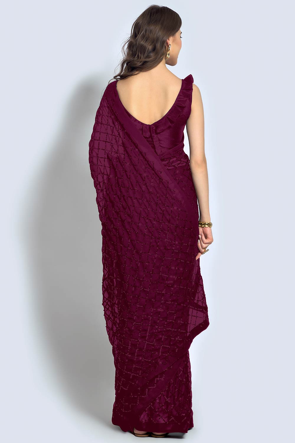 Shop Huda Wine Georgette Sequin One Minute Saree at best offer at our  Store - One Minute Saree