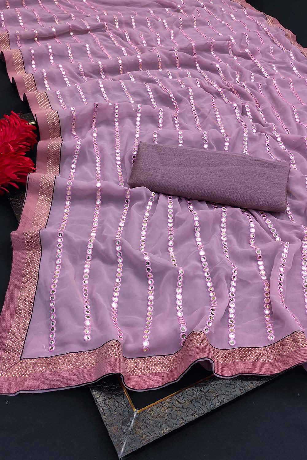 Buy Wendy Pink Georgette Mirror Sequence One Minute Saree Online