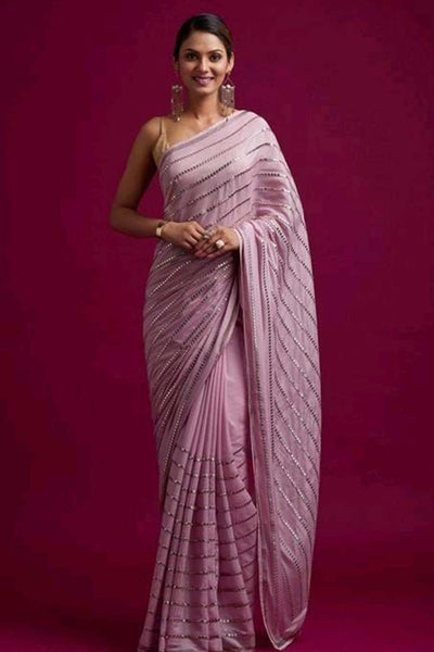 Buy Wendy Pink Georgette Mirror Sequence One Minute Saree Online - One Minute Saree