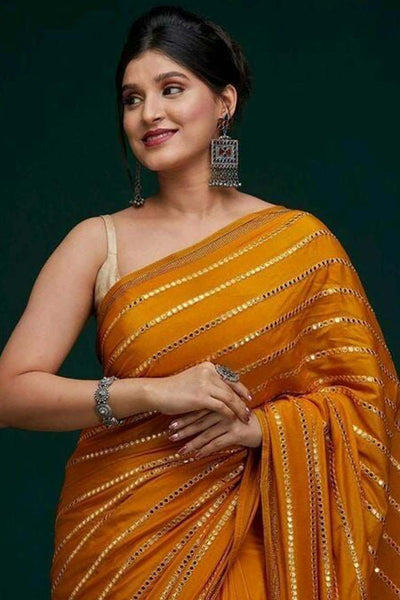 Shop Sameera Yellow Georgette Mirror Sequence One Minute Saree at best offer at our  Store - One Minute Saree