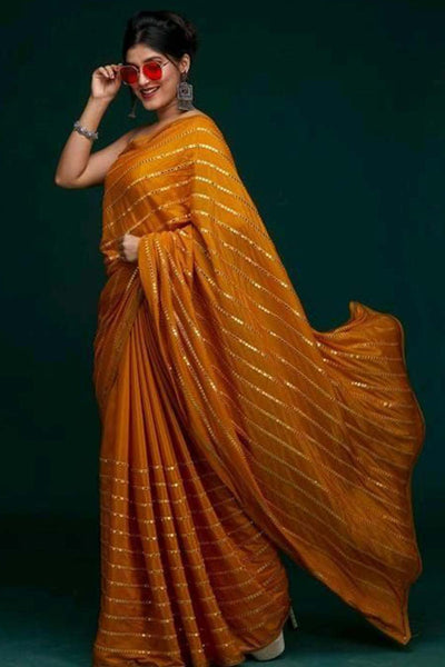 Buy Sameera Yellow Georgette Mirror Sequence One Minute Saree Online - One Minute Saree