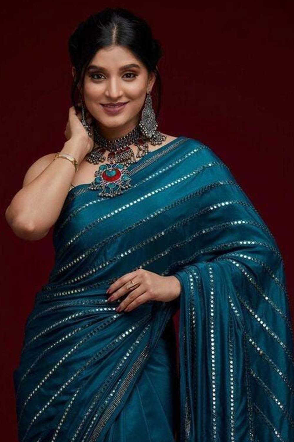 Shop Nagma Teal Blue Georgette Mirror Sequence One Minute Saree at best offer at our  Store - One Minute Saree