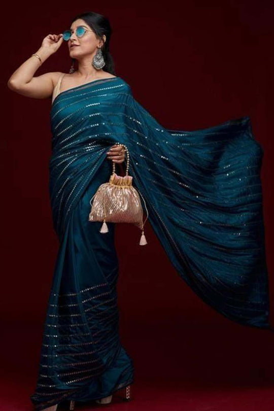 Buy Nagma Teal Blue Georgette Mirror Sequence One Minute Saree Online - One Minute Saree