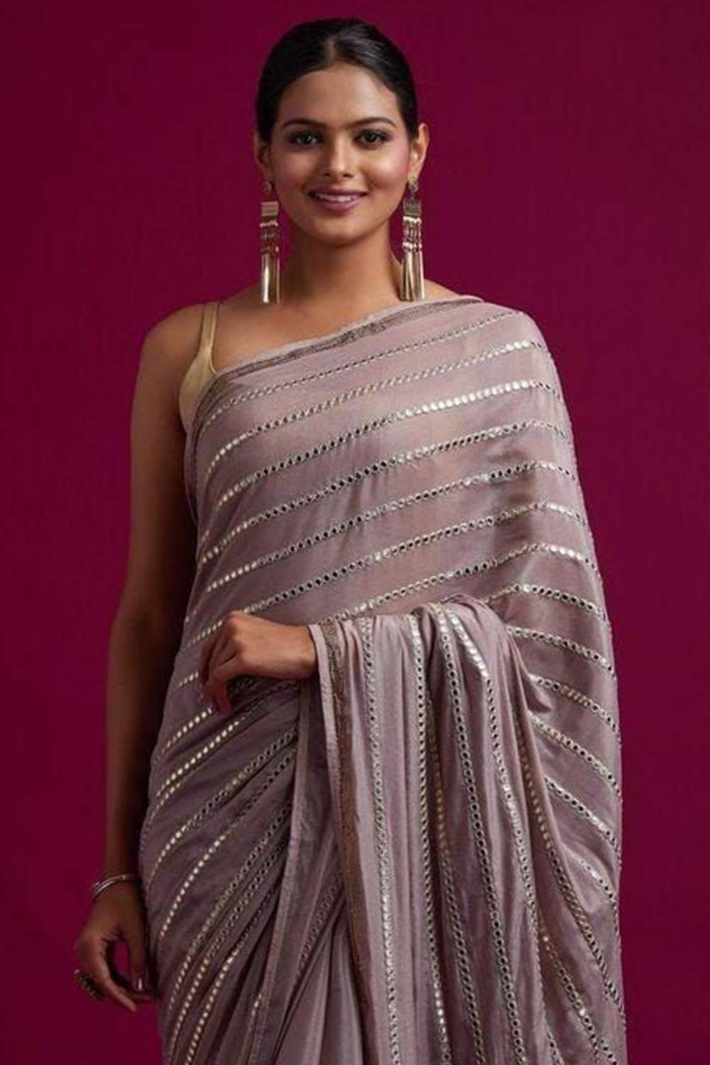 Shop Mindy Grey Georgette Mirror Sequence One Minute Saree at best offer at our  Store - One Minute Saree