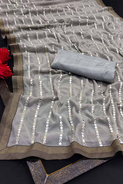 Buy Mindy Grey Georgette Mirror Sequence One Minute Saree Online