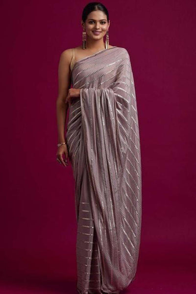 Buy Mindy Grey Georgette Mirror Sequence One Minute Saree Online - One Minute Saree
