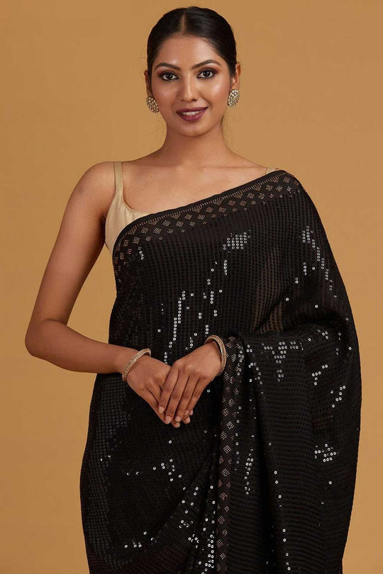 Shop Janvi Black Georgette Sequin One Minute Saree at best offer at our  Store - One Minute Saree