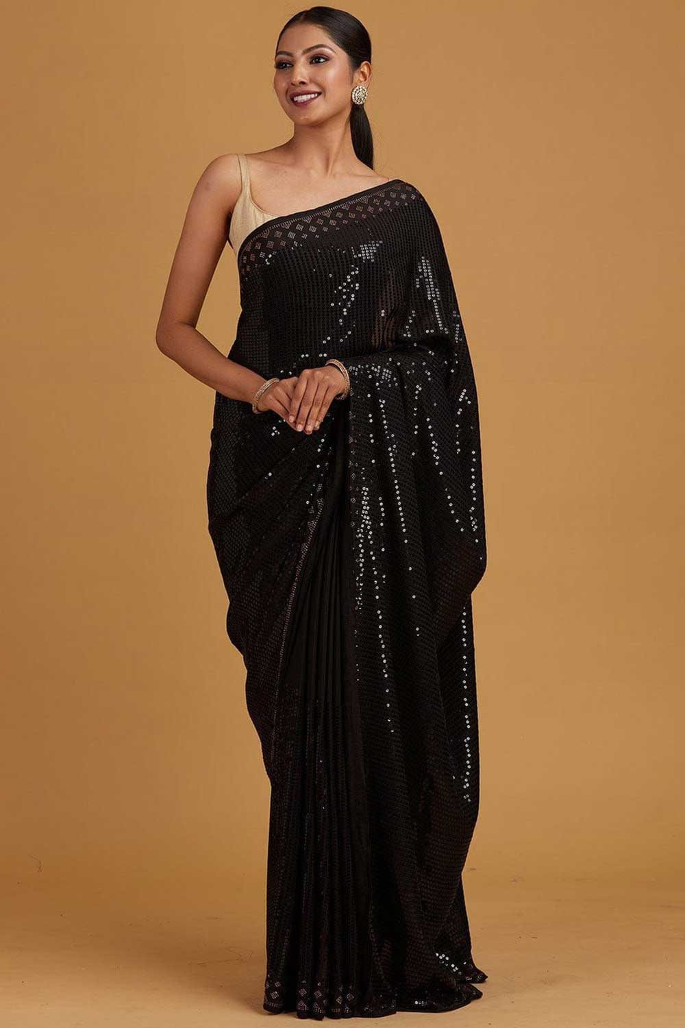 Buy Janvi Black Georgette Sequin One Minute Saree Online - One Minute Saree