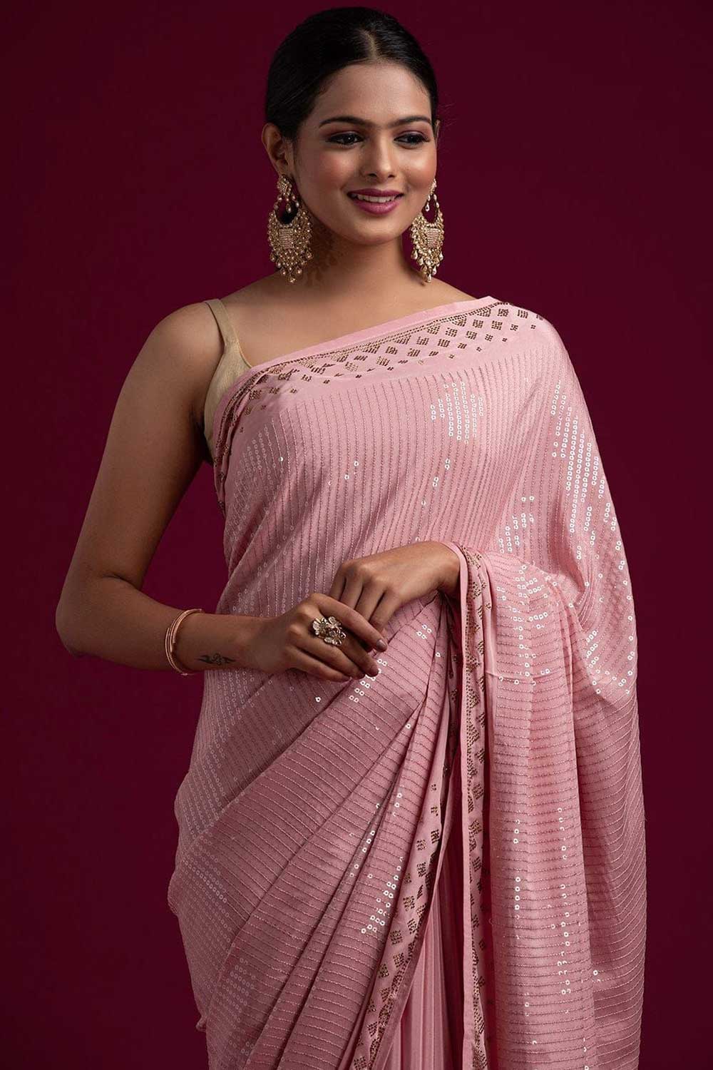 Shop Zina Pink Georgette Sequin One Minute Saree at best offer at our  Store - One Minute Saree