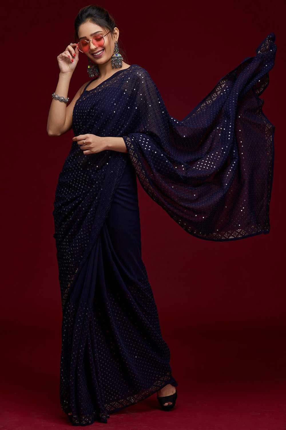 Buy Neela Blue Georgette Sequin One Minute Saree Online - One Minute Saree