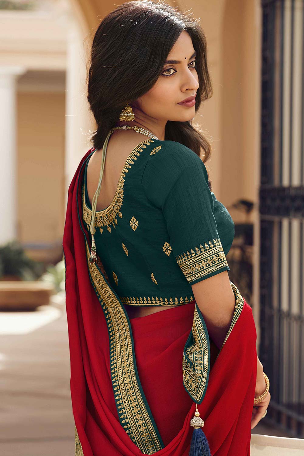 Buy Ulia Crimson Red Vichitra Silk Zari Embroidery Work One Minute Saree Online