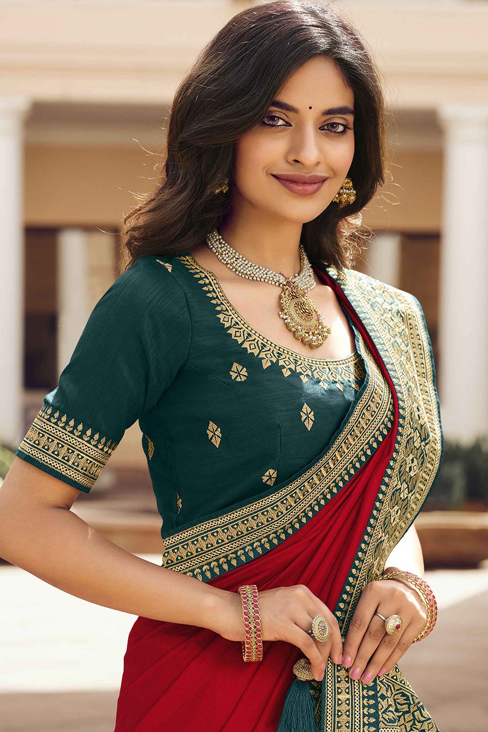 Shop Ulia Crimson Red Vichitra Silk Zari Embroidery Work One Minute Saree at best offer at our  Store - One Minute Saree