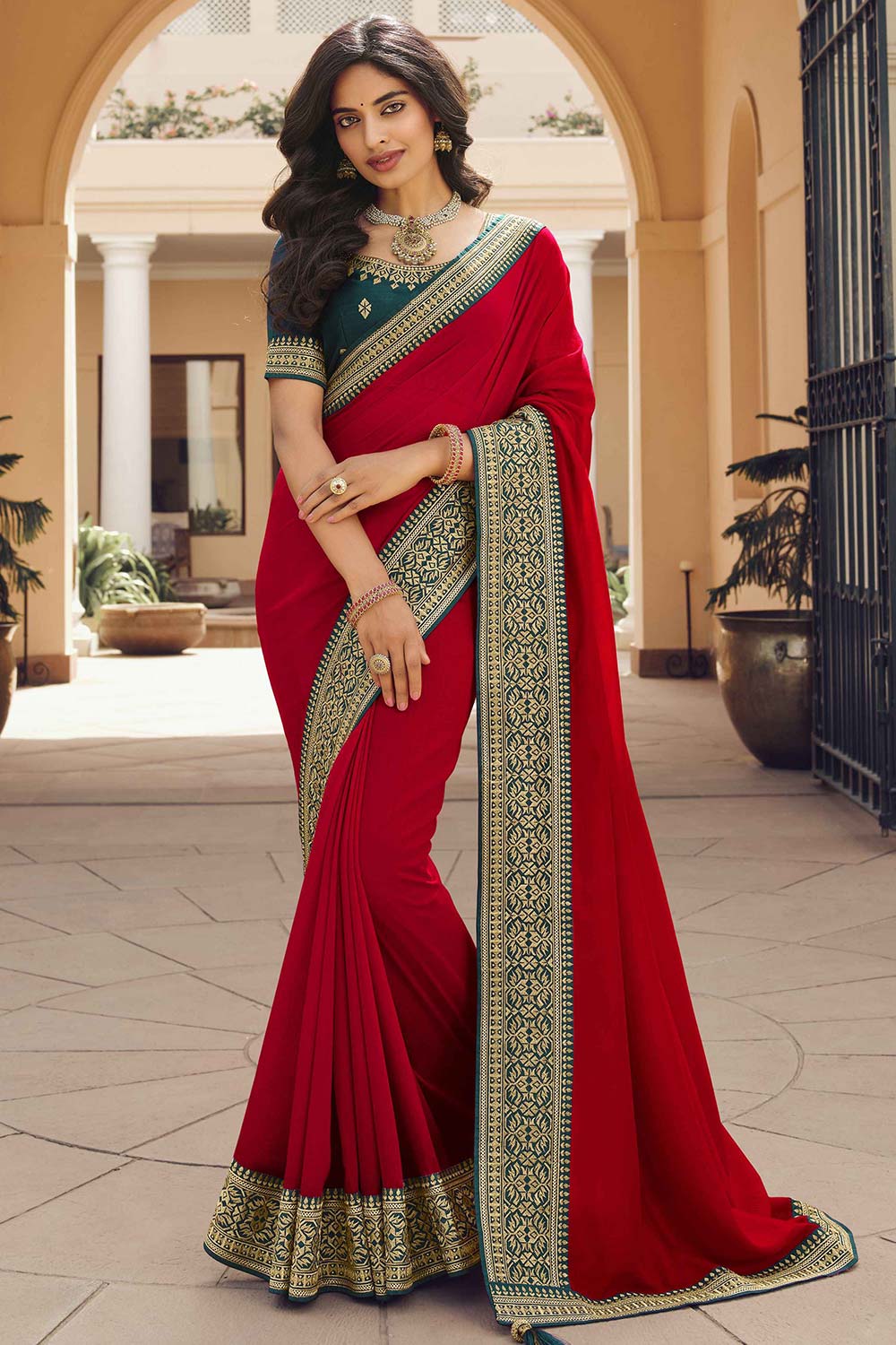 Buy Ulia Crimson Red Vichitra Silk Zari Embroidery Work One Minute Saree Online - One Minute Saree
