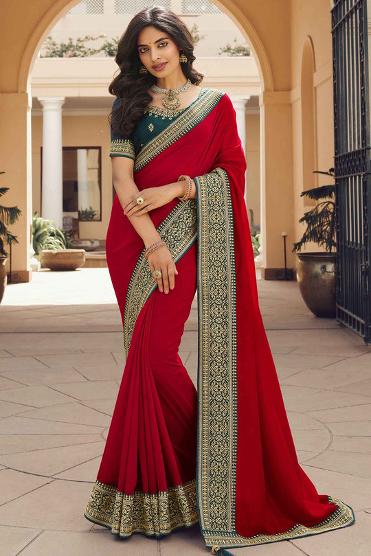 Buy Ulia Crimson Red Vichitra Silk Zari Embroidery Work One Minute Saree Online - One Minute Saree