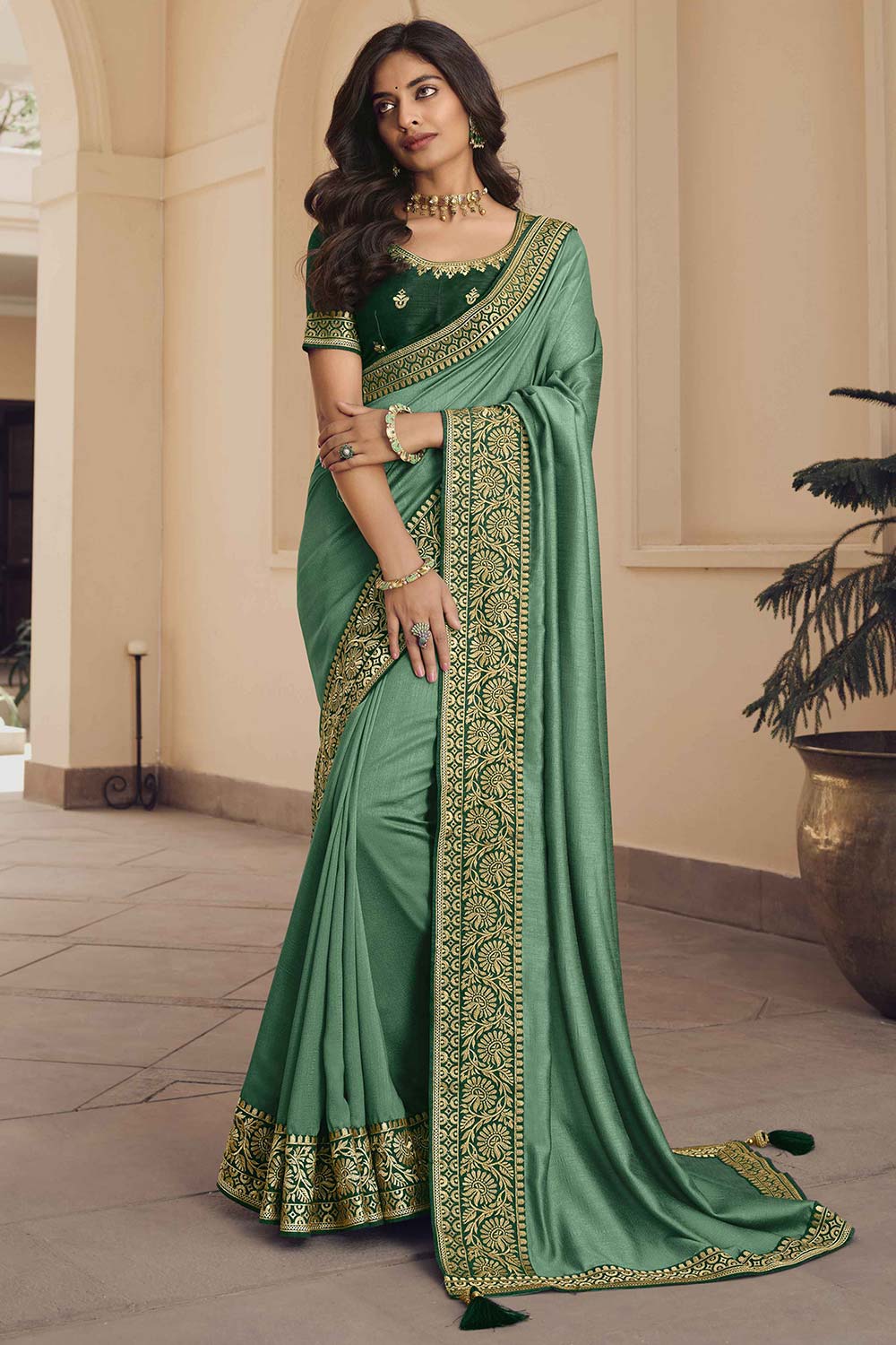 Buy Leanne Light Green Vichitra Silk Zari Embroidered One Minute Saree Online - One Minute Saree