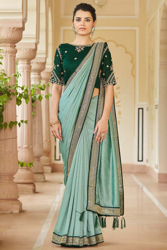 Buy Nadia Pista Vichitra Silk Sequins Embroidery & Crystal One Minute Saree Online - One Minute Saree