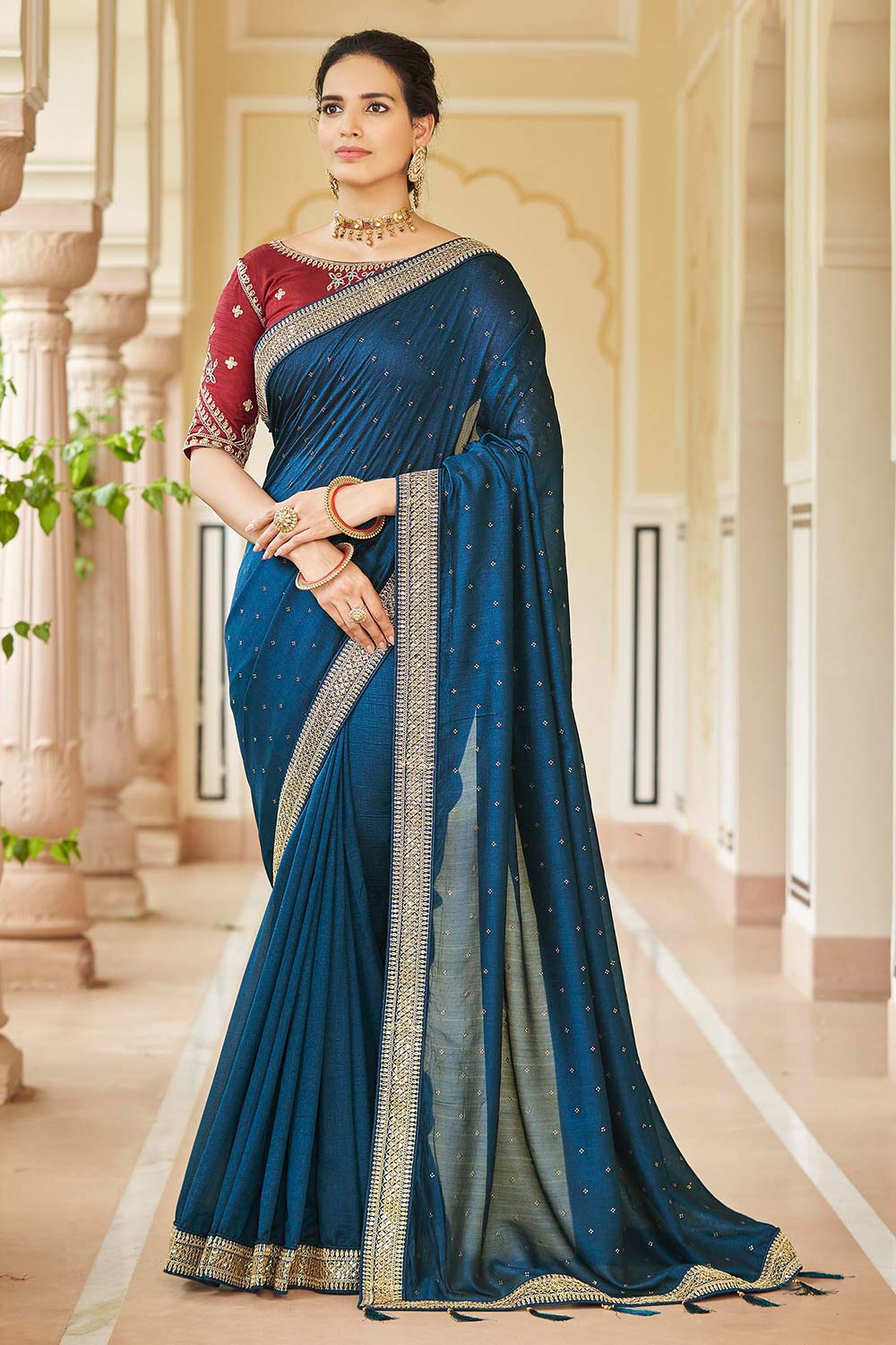 Buy Tori Teal Blue Vichitra Silk Sequins & Crystal Work One Minute Saree Online - One Minute Saree