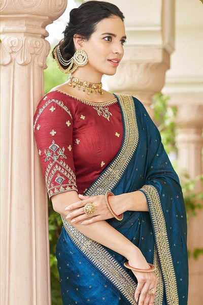 Shop Tori Teal Blue Vichitra Silk Sequins & Crystal Work One Minute Saree at best offer at our  Store - One Minute Saree