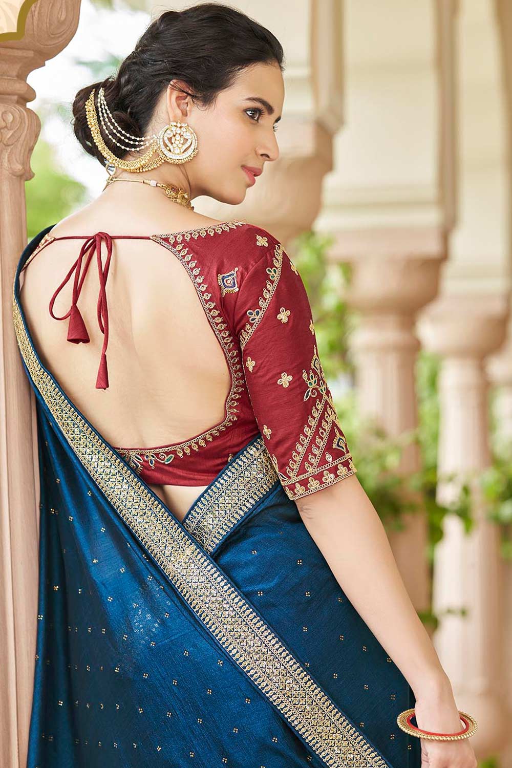 Buy Tori Teal Blue Vichitra Silk Sequins & Crystal Work One Minute Saree Online