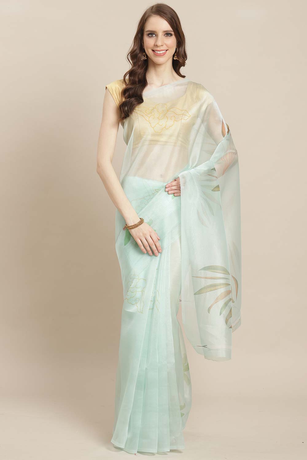 Buy Suri Sky Blue Organza Printed One Minute Saree Online - One Minute Saree