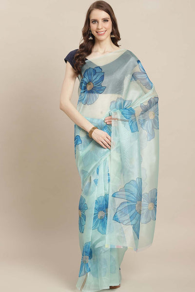 Buy Solange Sky Blue Organza Printed One Minute Saree Online - One Minute Saree