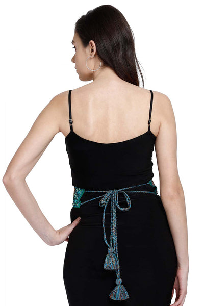 Buy Floral Embellished Saree Belt in Parrot Green & Multi Online - Back