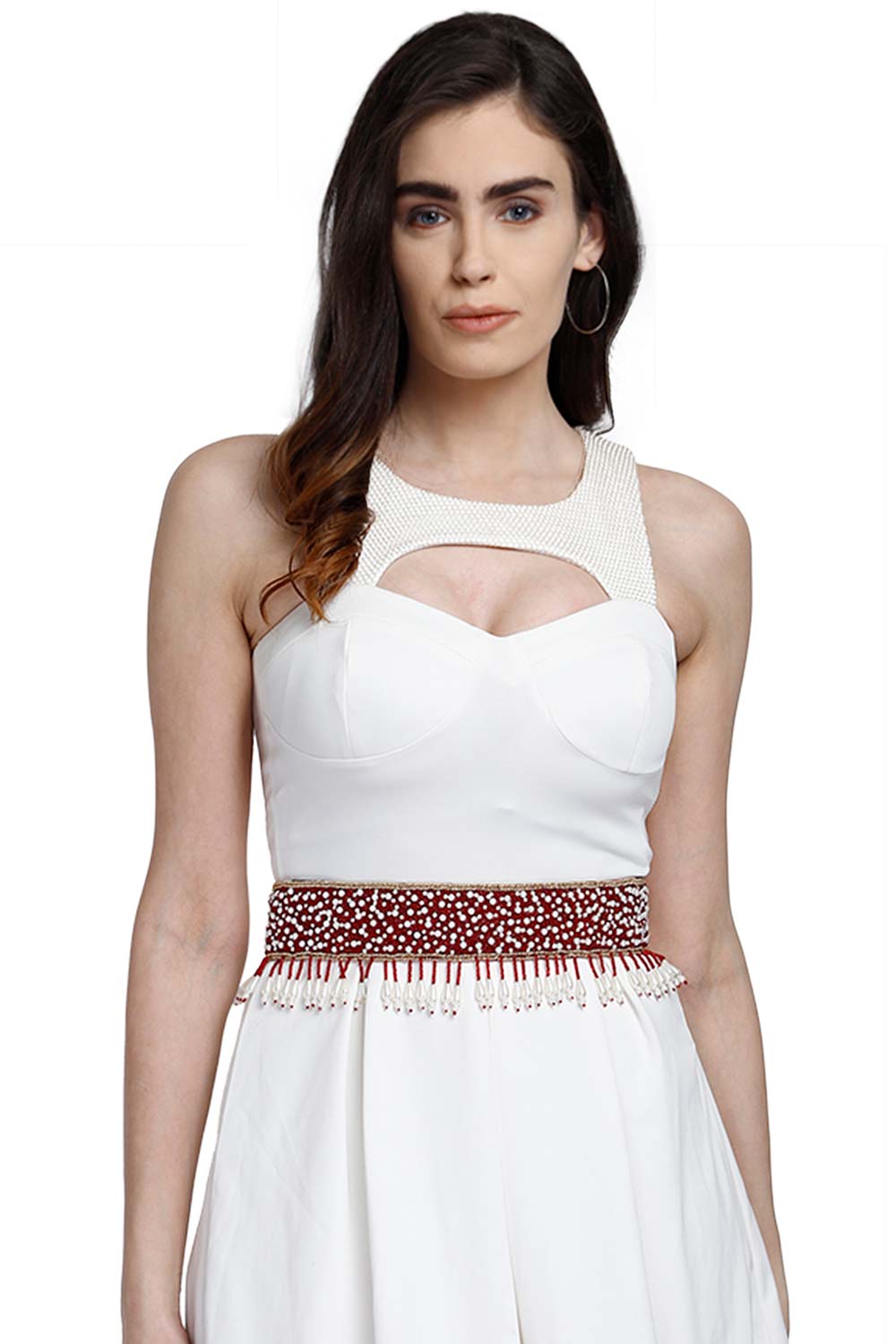 Buy Tasselled with Bead Work Waist Belt in Red & White Online