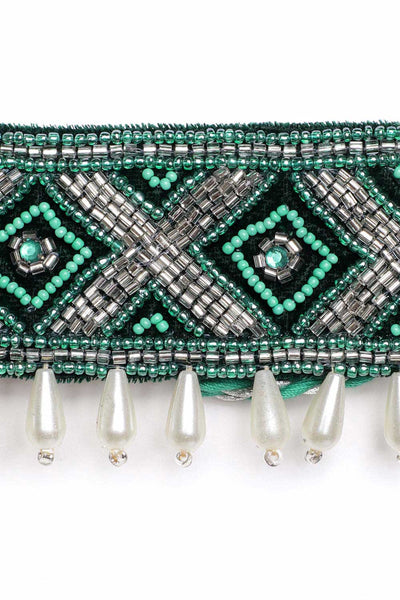 Buy Geometric Bead Work Saree Waist Belt in Turquoise & Silver Online