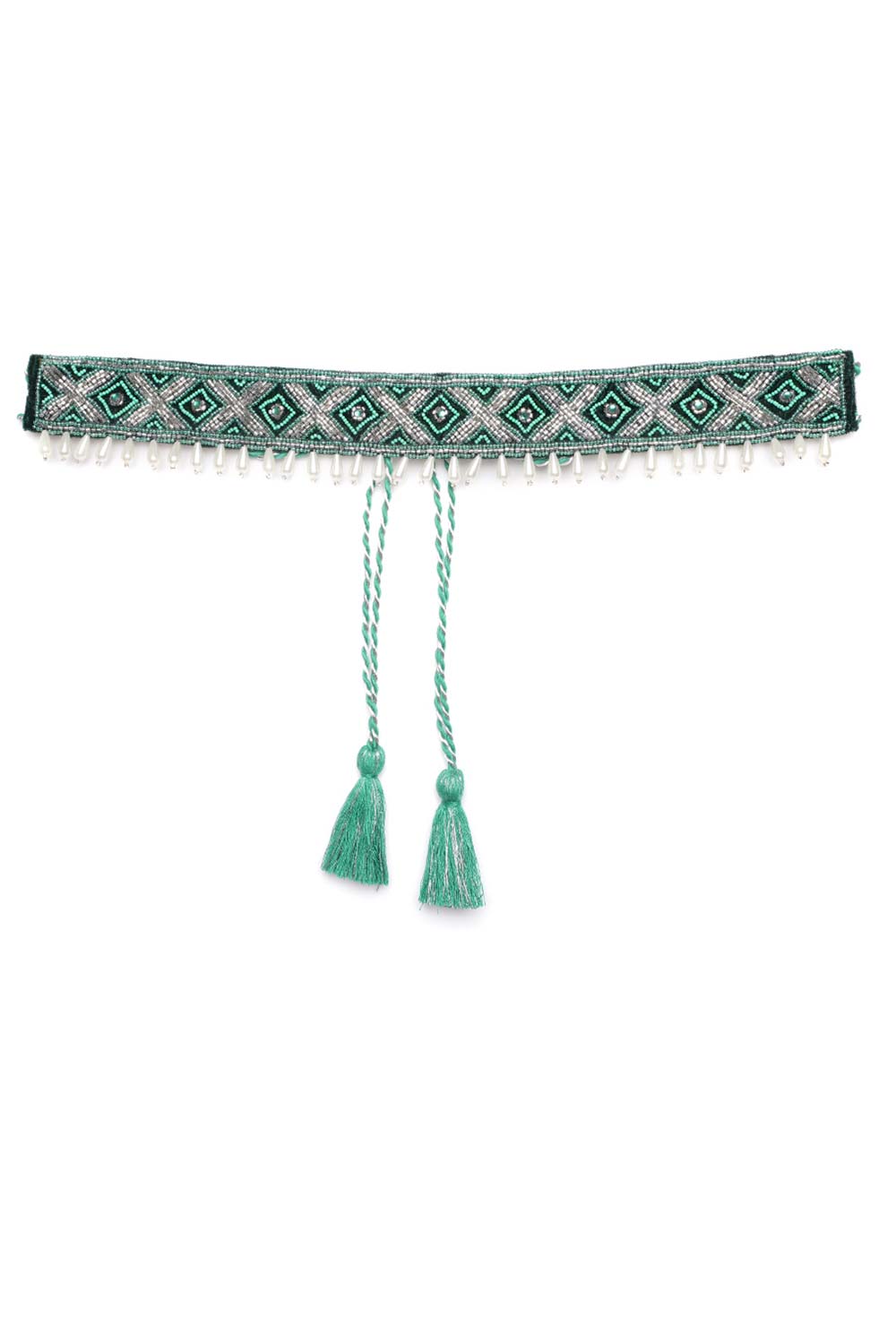 Buy Geometric Bead Work Saree Waist Belt in Turquoise & Silver Online - One Minute Saree