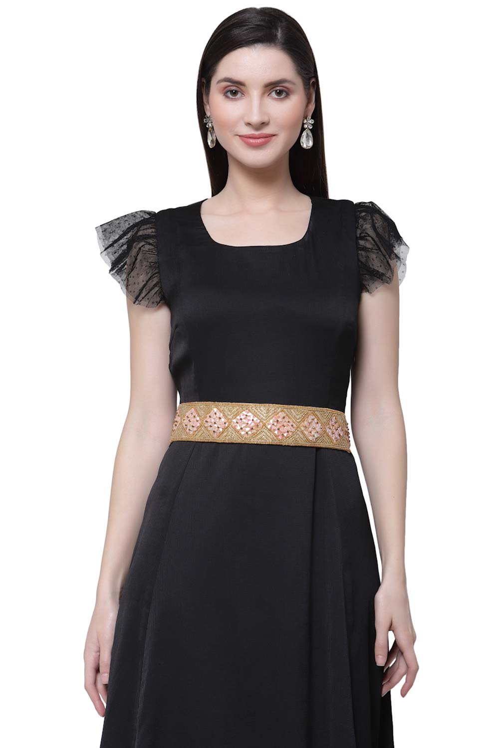 Buy Geometric Floral Bead Work Saree Belt in Gold & Multi Online