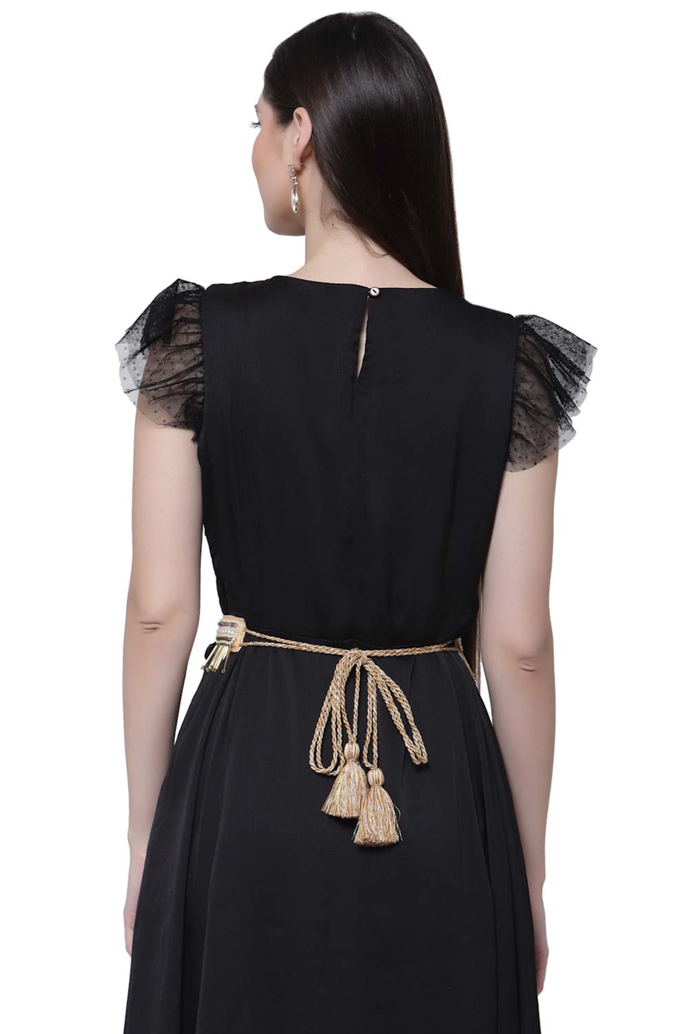 Buy Striped Tasseled Embellished Saree Belt in White & Gold Online - Back