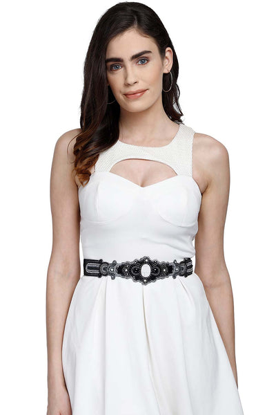 Buy Ogee Bead Work Saree Belt in Black & Silver Online