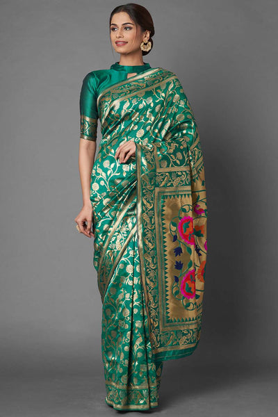 Buy Uma Teal Green Woven Silk Blend One Minute Saree Online - One Minute Saree