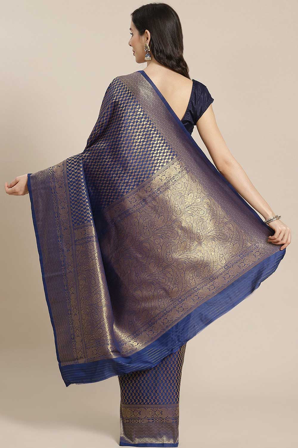 Shop Anju Navy Blue Kanjivaram Litchi Silk Woven One Minute Saree at best offer at our  Store - One Minute Saree
