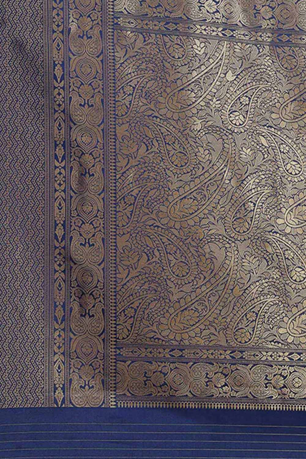 Buy Anju Navy Blue Kanjivaram Litchi Silk Woven One Minute Saree Online - Back