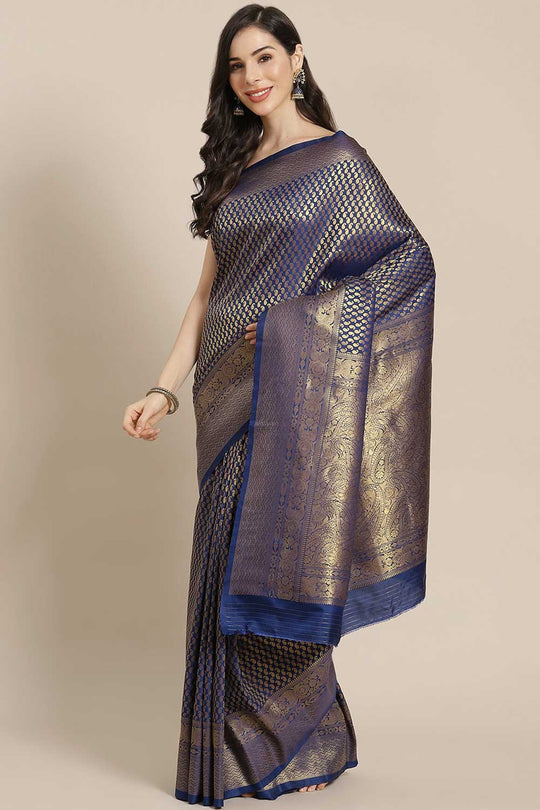 Buy Anju Navy Blue Kanjivaram Litchi Silk Woven One Minute Saree Online - One Minute Saree