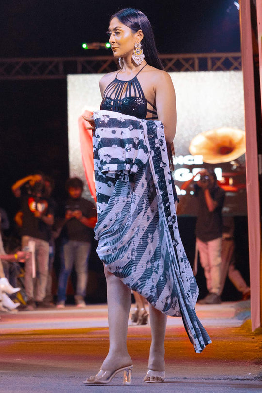 Mira Black & Off-White Stripes Georgette with Sequins One Minute Saree