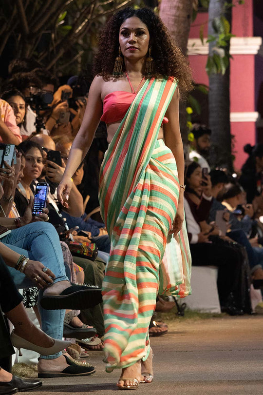 Buy Jini Multi-colored Striped Georgette with Sequins One Minute Saree Online - Zoom Out