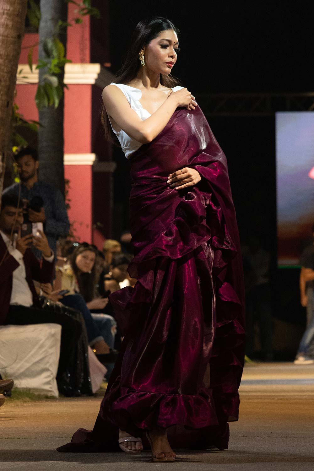 Buy Maya Mulberry Tissue Organza Ruffle One Minute Saree Online - Back