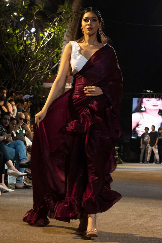 Buy Maya Mulberry Tissue Organza Ruffle One Minute Saree Online - Front