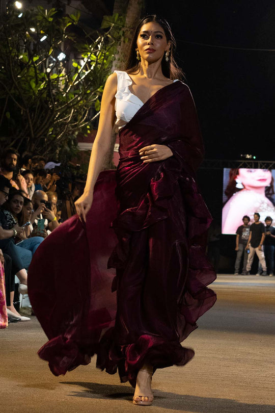 Buy Maya Mulberry Tissue Organza Ruffle One Minute Saree Online - Side